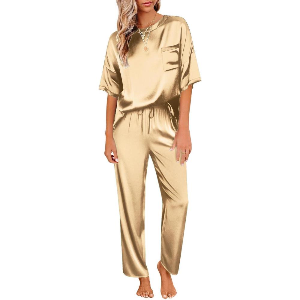 imageEkouaer Womens Satin Silky Pajama Set Short Sleeve Shirt with Long Pajama Pant Set Soft PJ LoungewearGold