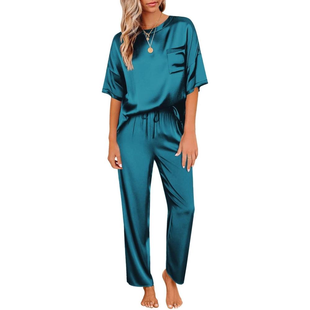 imageEkouaer Womens Satin Silky Pajama Set Short Sleeve Shirt with Long Pajama Pant Set Soft PJ LoungewearGreen