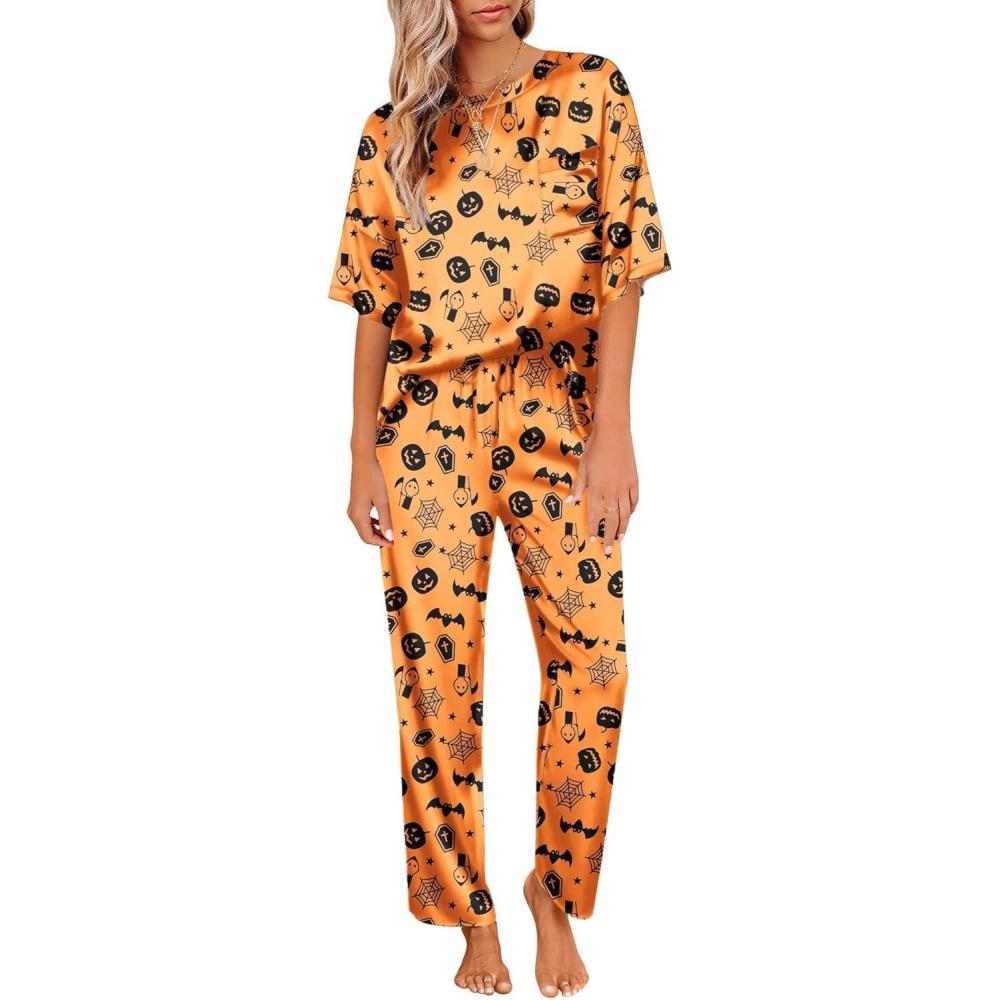 imageEkouaer Womens Satin Silky Pajama Set Short Sleeve Shirt with Long Pajama Pant Set Soft PJ LoungewearHalloween