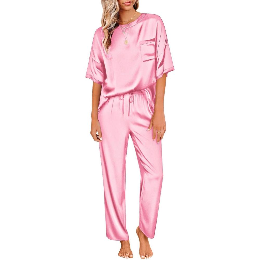 imageEkouaer Womens Satin Silky Pajama Set Short Sleeve Shirt with Long Pajama Pant Set Soft PJ LoungewearHot Pink