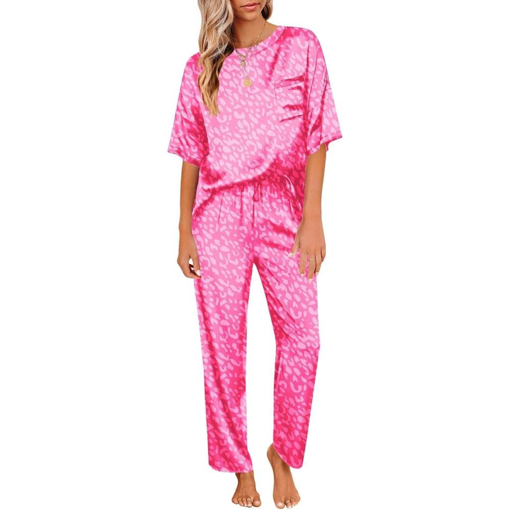 imageEkouaer Womens Satin Silky Pajama Set Short Sleeve Shirt with Long Pajama Pant Set Soft PJ LoungewearHot Pink Leopard