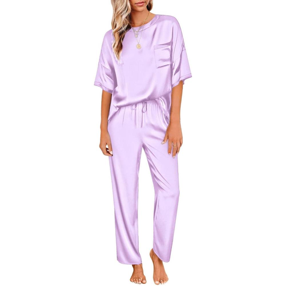 imageEkouaer Womens Satin Silky Pajama Set Short Sleeve Shirt with Long Pajama Pant Set Soft PJ LoungewearLavender