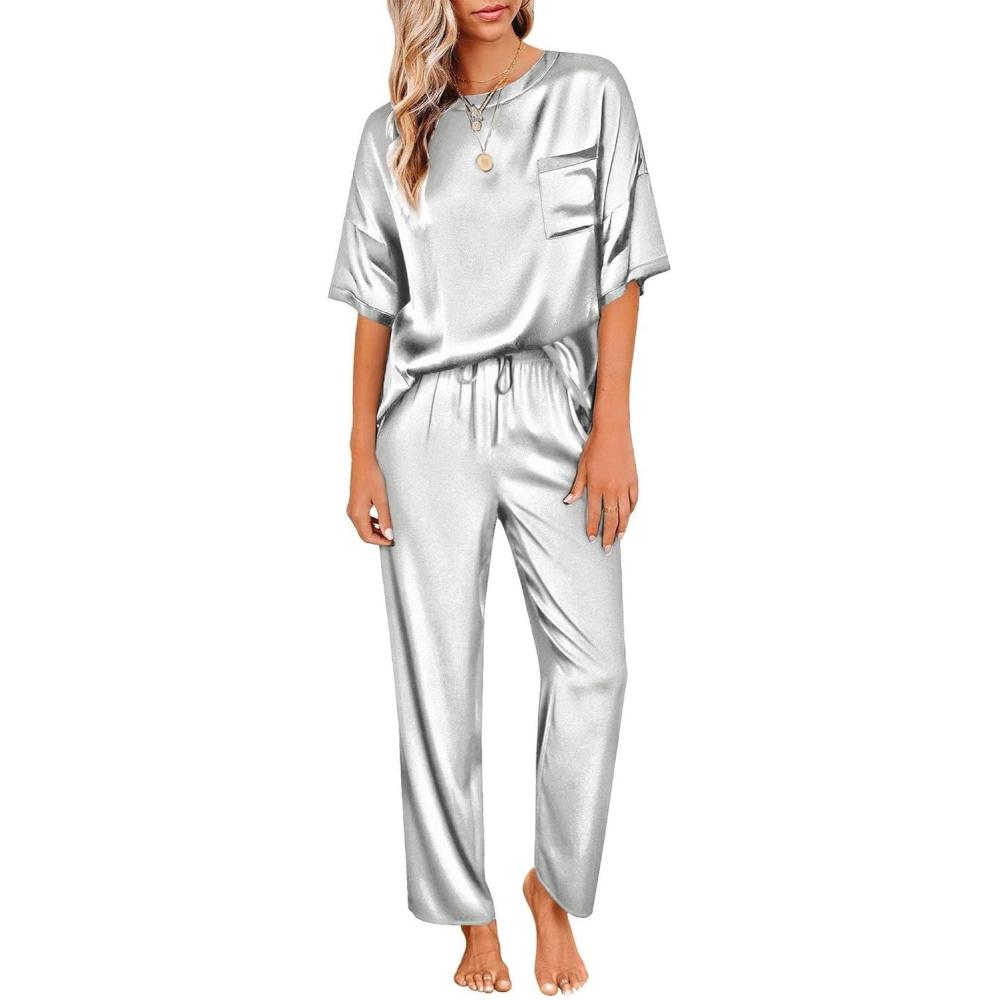 imageEkouaer Womens Satin Silky Pajama Set Short Sleeve Shirt with Long Pajama Pant Set Soft PJ LoungewearLight Grey
