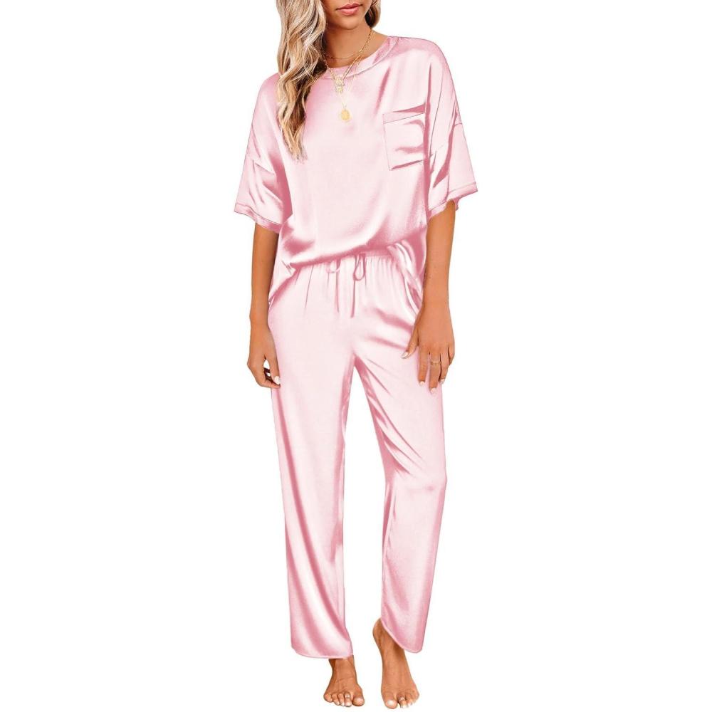 imageEkouaer Womens Satin Silky Pajama Set Short Sleeve Shirt with Long Pajama Pant Set Soft PJ LoungewearPink