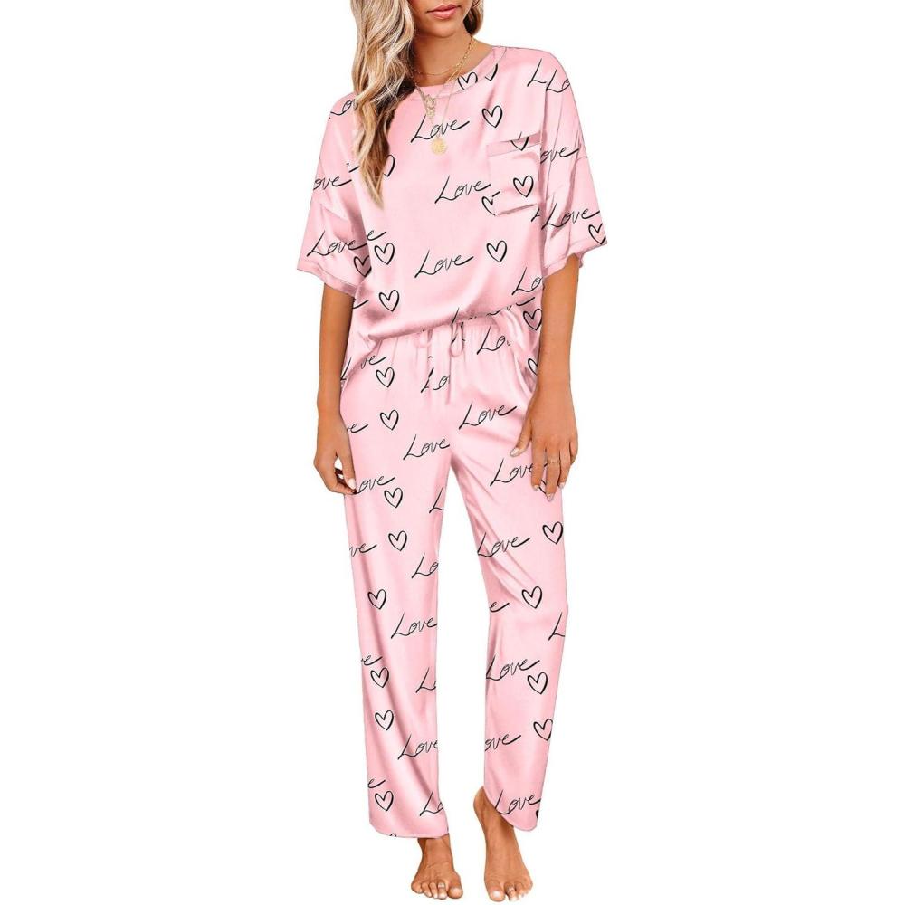 imageEkouaer Womens Satin Silky Pajama Set Short Sleeve Shirt with Long Pajama Pant Set Soft PJ LoungewearPink Love