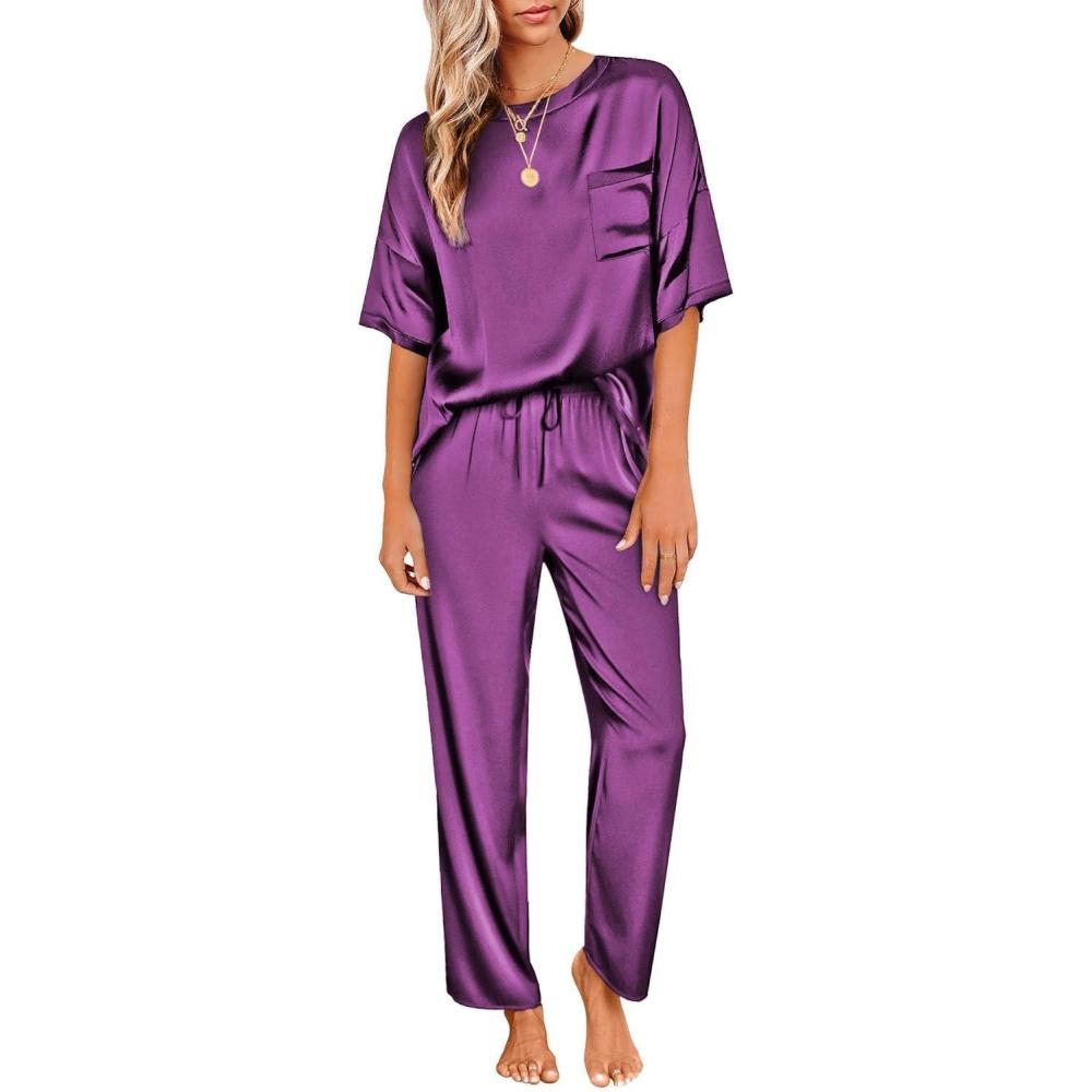 imageEkouaer Womens Satin Silky Pajama Set Short Sleeve Shirt with Long Pajama Pant Set Soft PJ LoungewearPurple