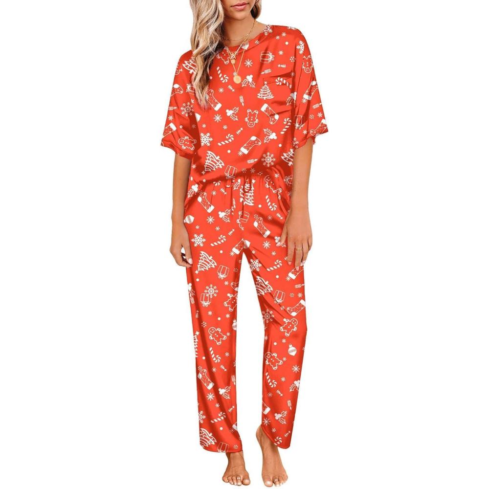 imageEkouaer Womens Satin Silky Pajama Set Short Sleeve Shirt with Long Pajama Pant Set Soft PJ LoungewearRed Christmas