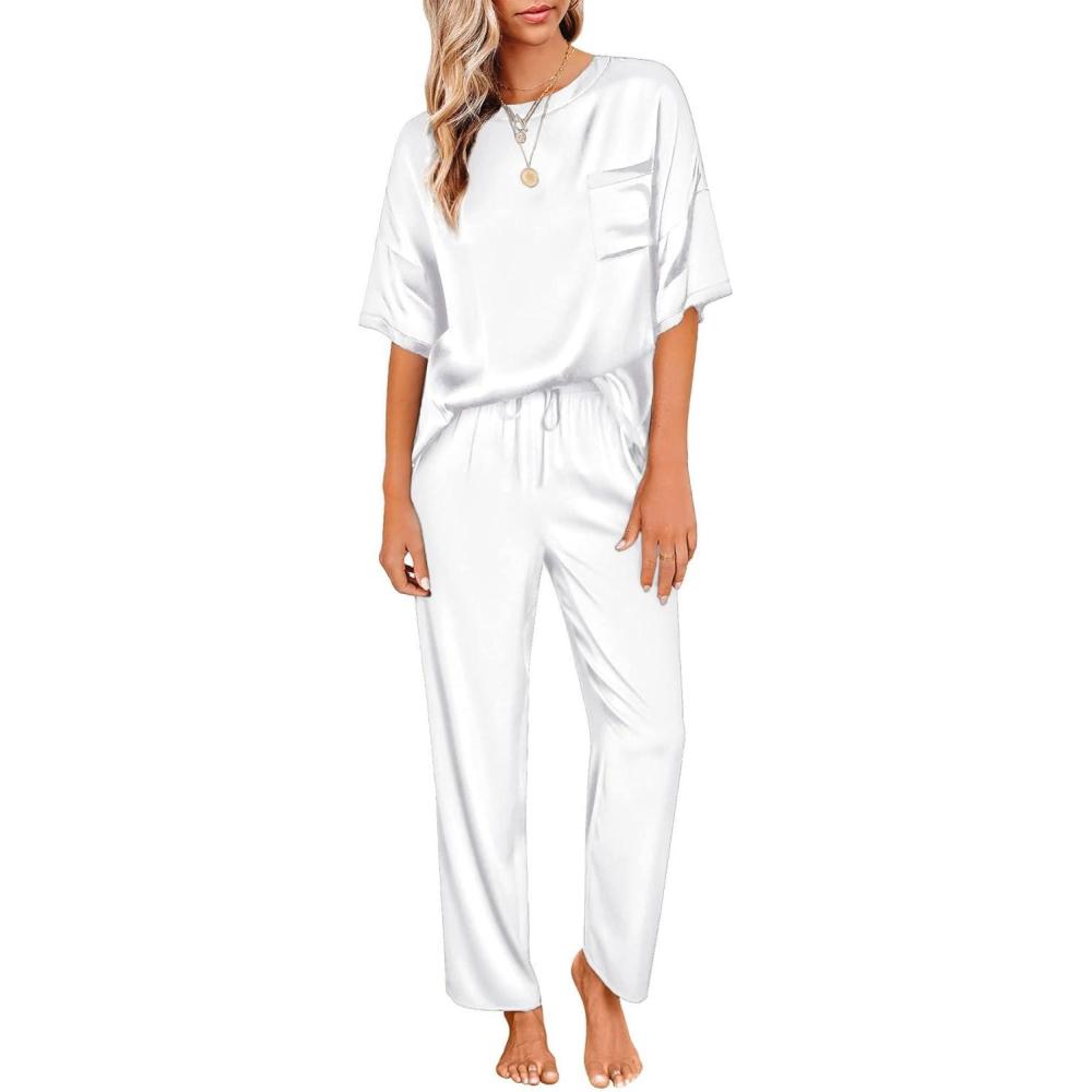 imageEkouaer Womens Satin Silky Pajama Set Short Sleeve Shirt with Long Pajama Pant Set Soft PJ LoungewearWhite