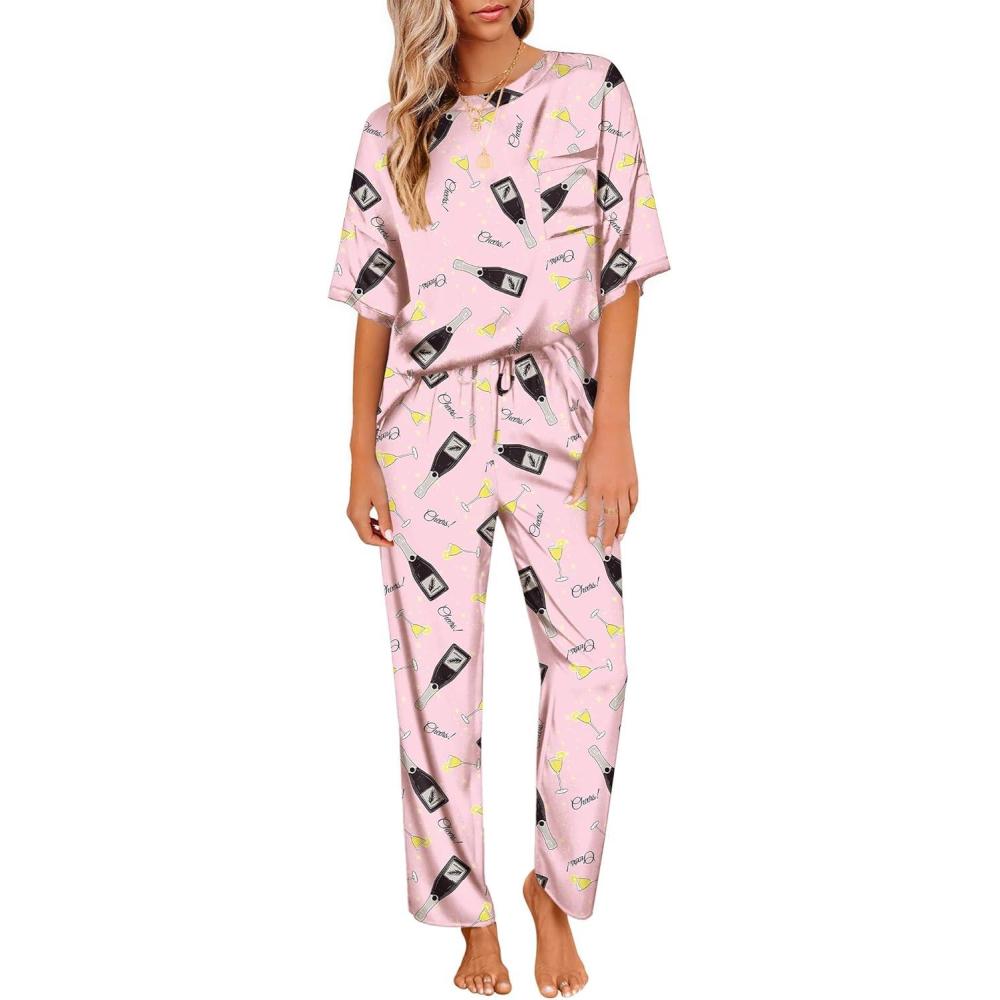 imageEkouaer Womens Satin Silky Pajama Set Short Sleeve Shirt with Long Pajama Pant Set Soft PJ LoungewearWine Glass