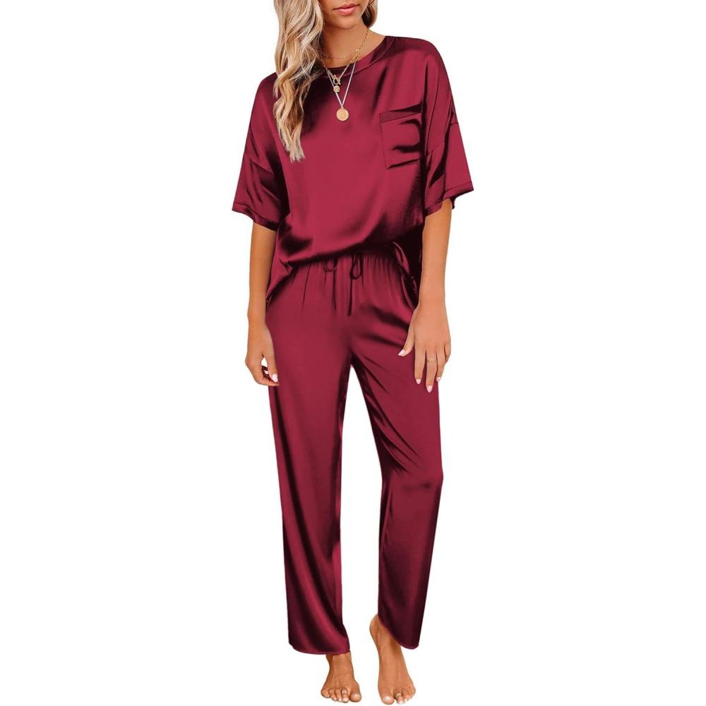 imageEkouaer Womens Satin Silky Pajama Set Short Sleeve Shirt with Long Pajama Pant Set Soft PJ LoungewearWine Red