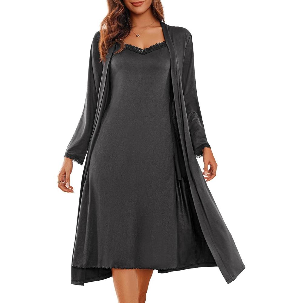 imageEkouaer Womens Sexy Nightgown with Robes Set 2 Piece Lace Full Length Knit Soft Nightwear Lightweight Bathrobes SXXLDark Gray