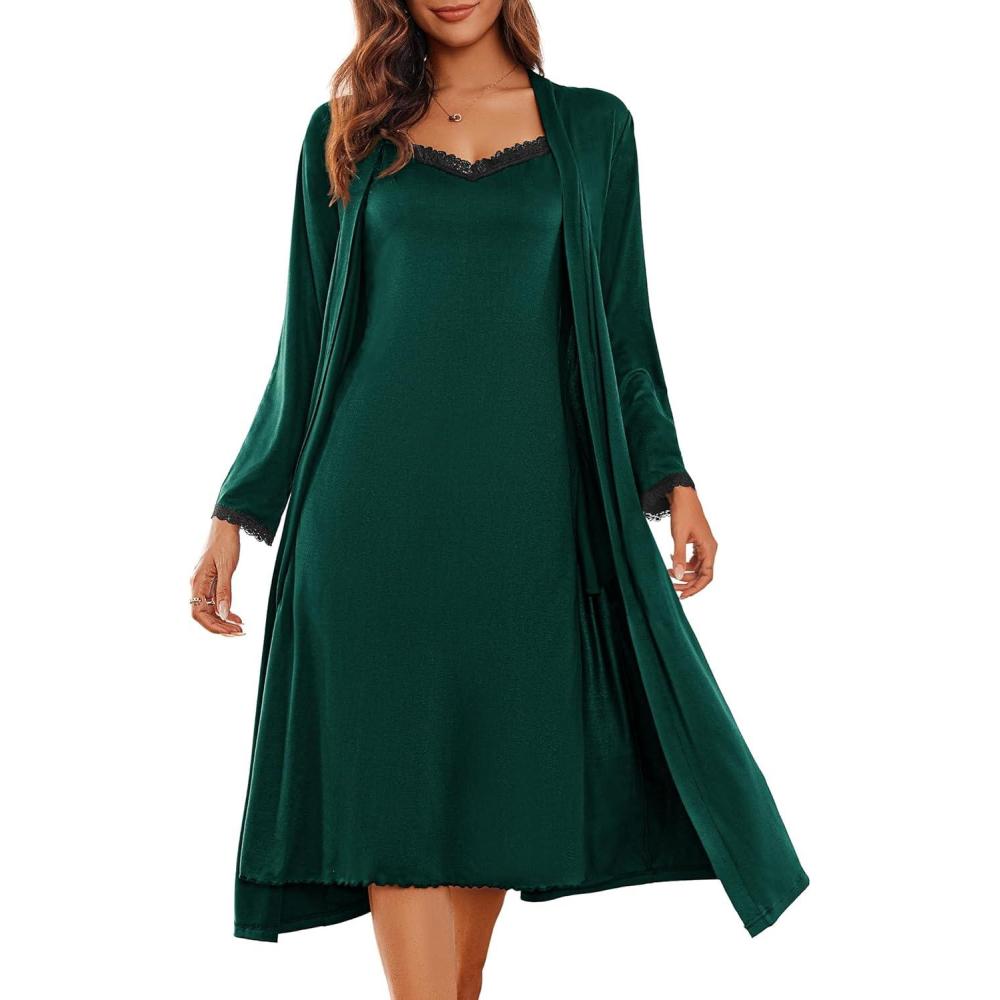 imageEkouaer Womens Sexy Nightgown with Robes Set 2 Piece Lace Full Length Knit Soft Nightwear Lightweight Bathrobes SXXLDark Green