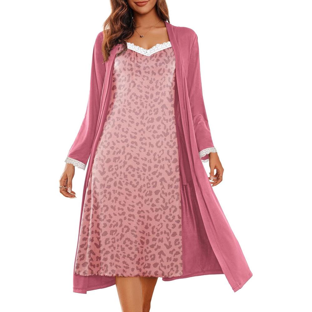imageEkouaer Womens Sexy Nightgown with Robes Set 2 Piece Lace Full Length Knit Soft Nightwear Lightweight Bathrobes SXXLLeopard Pink