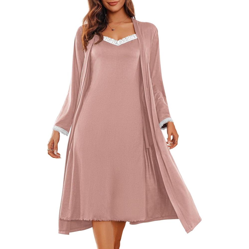 imageEkouaer Womens Sexy Nightgown with Robes Set 2 Piece Lace Full Length Knit Soft Nightwear Lightweight Bathrobes SXXLMisty Rose