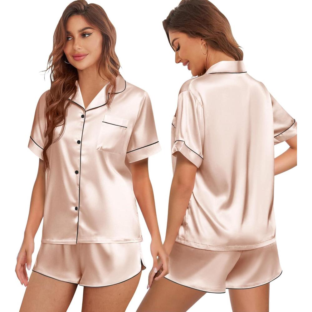 imageEkouaer Womens Silk Satin Pajamas Set Short Sleeve Sleepwear Button Down Top and Shorts Loungewear 2 Piece Pjs Set SXXLChampagne