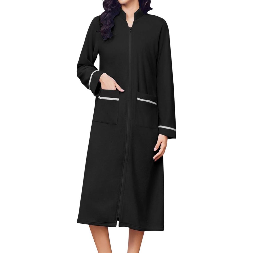 imageEkouaer Womens Zipper Robes Long Sleeve Loungewear Knee Length Housecoat Fleece Bathrobe with Pockets SXXLBlack