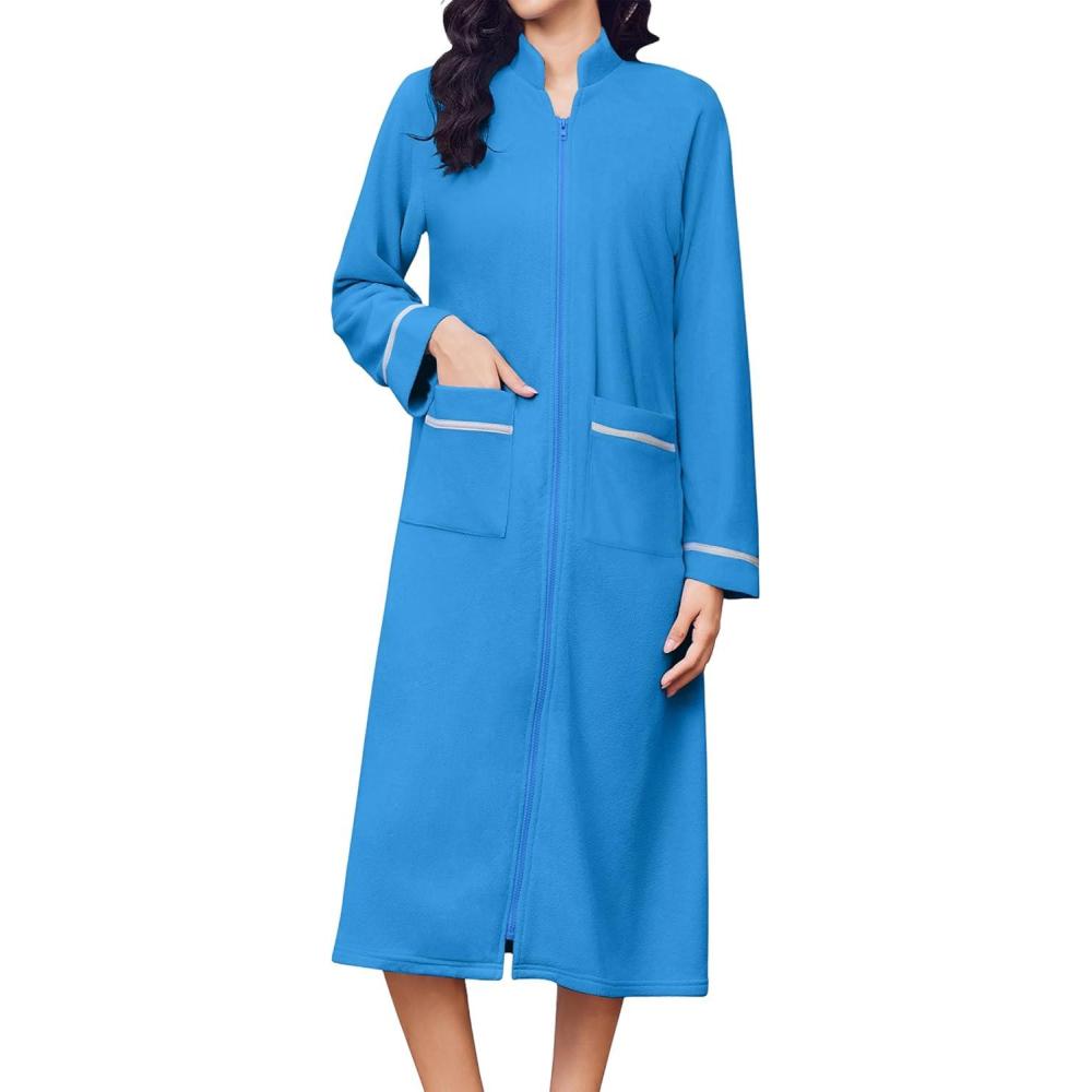 imageEkouaer Womens Zipper Robes Long Sleeve Loungewear Knee Length Housecoat Fleece Bathrobe with Pockets SXXLBlue