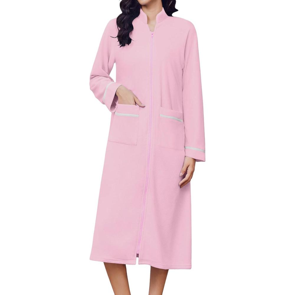 imageEkouaer Womens Zipper Robes Long Sleeve Loungewear Knee Length Housecoat Fleece Bathrobe with Pockets SXXLDark Pink