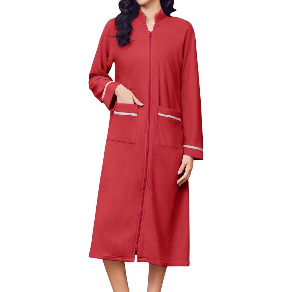 imageEkouaer Womens Zipper Robes Long Sleeve Loungewear Knee Length Housecoat Fleece Bathrobe with Pockets SXXLDark Red
