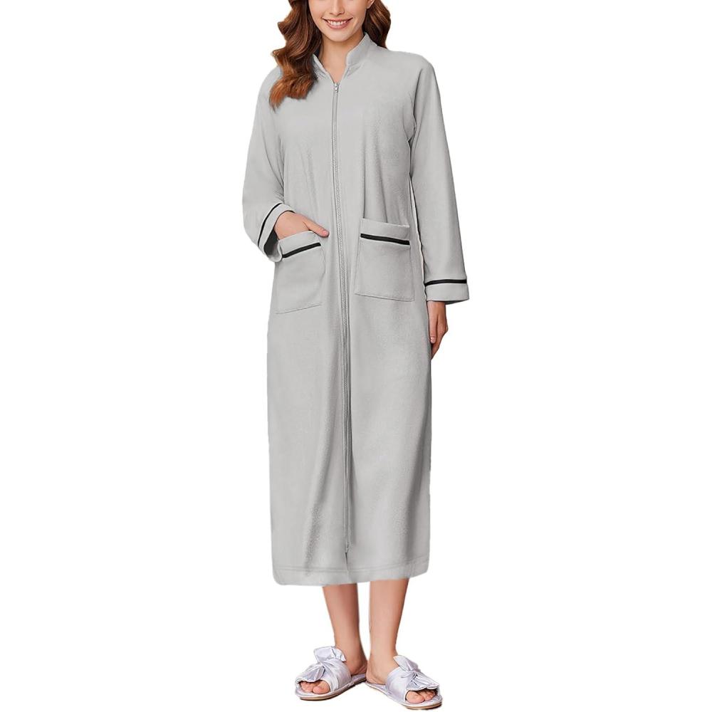 imageEkouaer Womens Zipper Robes Long Sleeve Loungewear Knee Length Housecoat Fleece Bathrobe with Pockets SXXLLight Gray