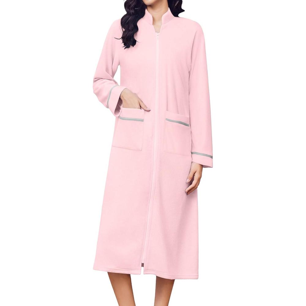 imageEkouaer Womens Zipper Robes Long Sleeve Loungewear Knee Length Housecoat Fleece Bathrobe with Pockets SXXLLight Pink