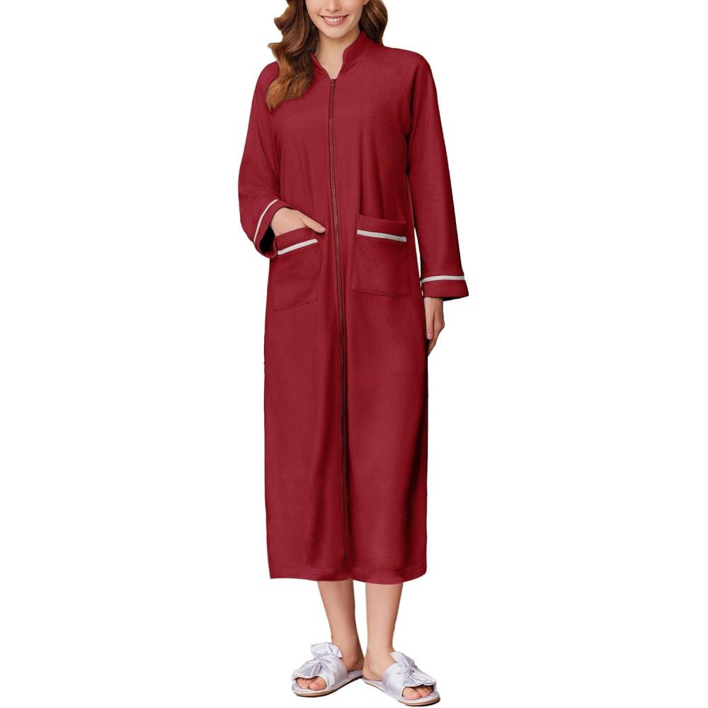 imageEkouaer Womens Zipper Robes Long Sleeve Loungewear Knee Length Housecoat Fleece Bathrobe with Pockets SXXLWine Red