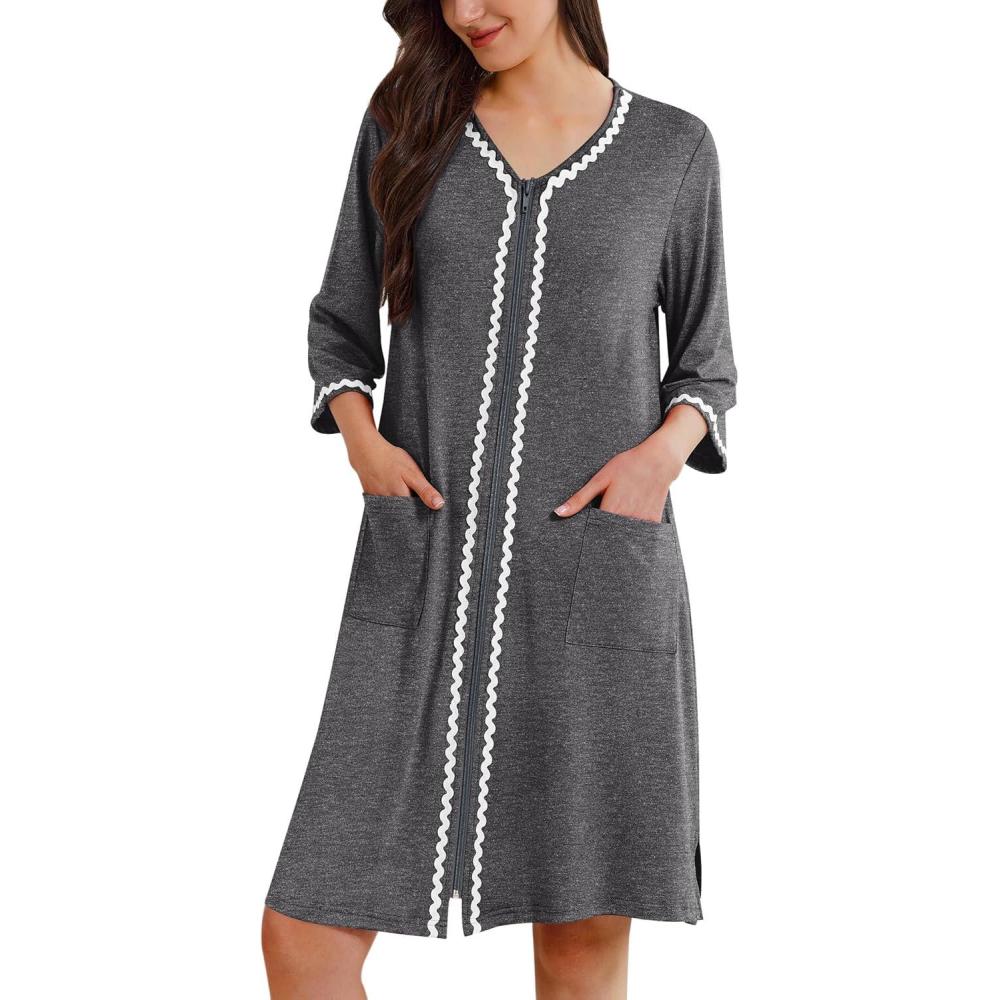 imageEkouaer Zipper Robes for Women 34 Sleeves Lightweight House Coat Zip Up Bathrobe Soft Nightgown with Pockets S3XLDeep Gray