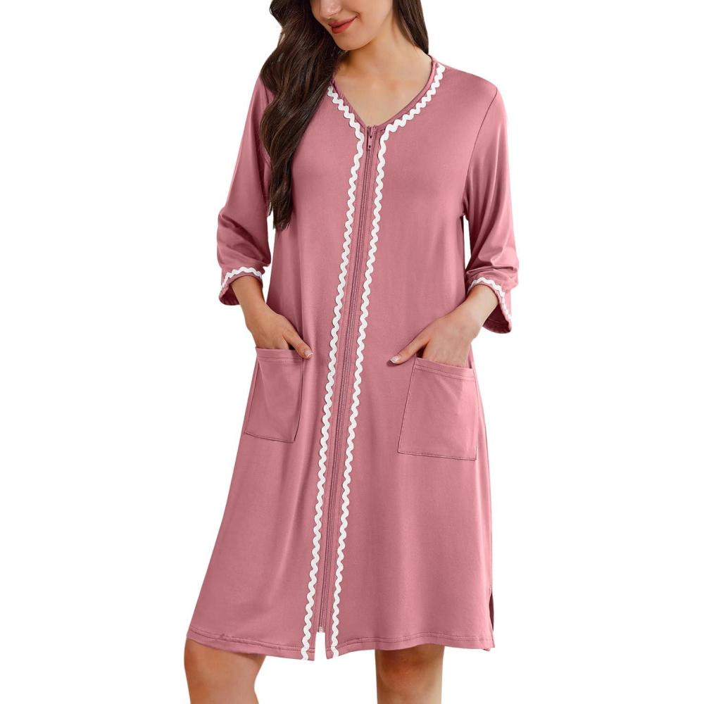 imageEkouaer Zipper Robes for Women 34 Sleeves Lightweight House Coat Zip Up Bathrobe Soft Nightgown with Pockets S3XLGray Purple