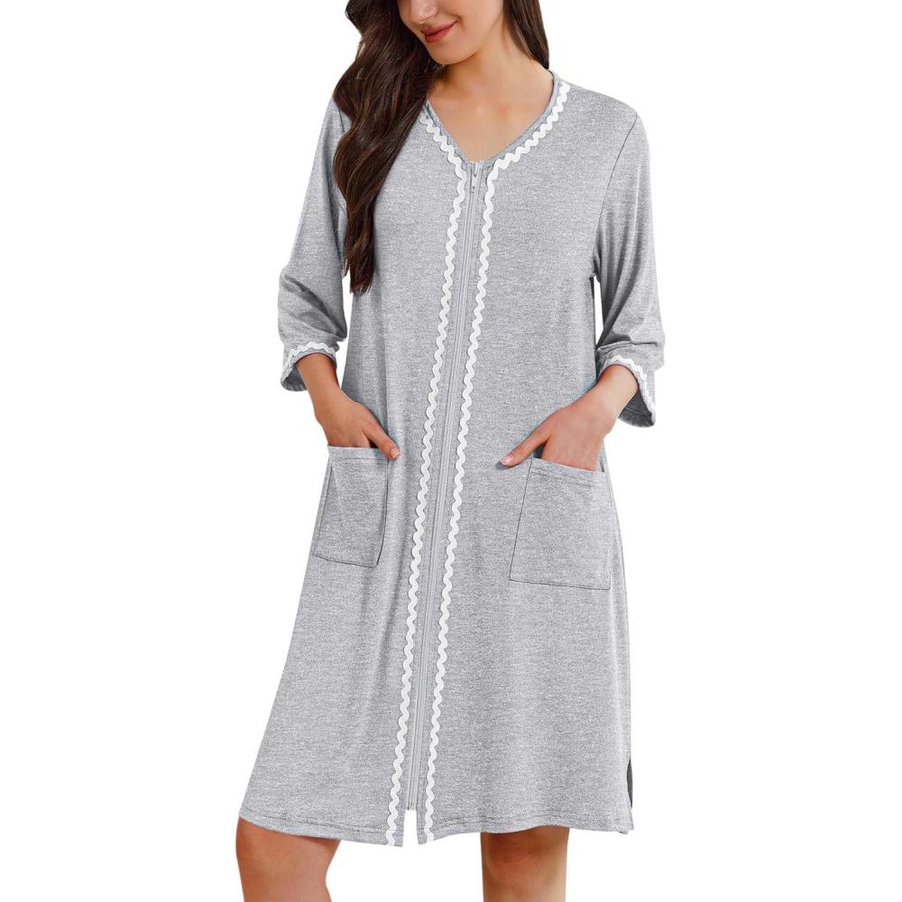 imageEkouaer Zipper Robes for Women 34 Sleeves Lightweight House Coat Zip Up Bathrobe Soft Nightgown with Pockets S3XLLight Gray