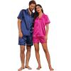 Ekouaer Couple Matching Pajamas Sets Silk Short Sleeve Button Down Sleepwear Satin Pjs Shorts Set Soft Lounge Set S-XXL(Rose)