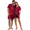 Ekouaer Couple Matching Pajamas Sets Silk Short Sleeve Button Down Sleepwear Satin Pjs Shorts Set Soft Lounge Set S-XXL(Wine)