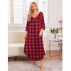 Ekouaer Long Nightgown for Women 3/4 Sleeves Nightshirt Maxi Sleep Dress Plus Size Loungewear Full Length Sleepwear(Red Plaid)
