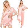 Ekouaer Silk Pajamas for Women Set Satin Pjs Soft Short Sleeve Button Down Sleepwear 3 Piece Loungewear S-XXL(A-pink)