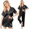 Ekouaer Silk Pajamas for Women Set Satin Pjs Soft Short Sleeve Button Down Sleepwear 3 Piece Loungewear S-XXL(Black)