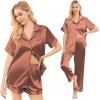 Ekouaer Silk Pajamas for Women Set Satin Pjs Soft Short Sleeve Button Down Sleepwear 3 Piece Loungewear S-XXL(Brown)