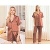 Ekouaer Silk Pajamas for Women Set Satin Pjs Soft Short Sleeve Button Down Sleepwear 3 Piece Loungewear S-XXL(Brown)