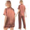 Ekouaer Silk Pajamas for Women Set Satin Pjs Soft Short Sleeve Button Down Sleepwear 3 Piece Loungewear S-XXL(Brown)
