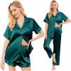 Ekouaer Silk Pajamas for Women Set Satin Pjs Soft Short Sleeve Button Down Sleepwear 3 Piece Loungewear S-XXL(Dark Green)