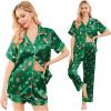 Ekouaer Silk Pajamas for Women Set Satin Pjs Soft Short Sleeve Button Down Sleepwear 3 Piece Loungewear S-XXL(Green Christmas)