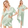 Ekouaer Silk Pajamas for Women Set Satin Pjs Soft Short Sleeve Button Down Sleepwear 3 Piece Loungewear S-XXL(Light Green)