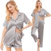 Ekouaer Silk Pajamas for Women Set Satin Pjs Soft Short Sleeve Button Down Sleepwear 3 Piece Loungewear S-XXL(Light Grey)