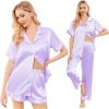 Ekouaer Silk Pajamas for Women Set Satin Pjs Soft Short Sleeve Button Down Sleepwear 3 Piece Loungewear S-XXL(Lilac)