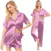 Ekouaer Silk Pajamas for Women Set Satin Pjs Soft Short Sleeve Button Down Sleepwear 3 Piece Loungewear S-XXL(Mauve Red)