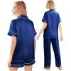 Ekouaer Silk Pajamas for Women Set Satin Pjs Soft Short Sleeve Button Down Sleepwear 3 Piece Loungewear S-XXL(Navy Blue)