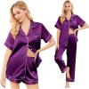 Ekouaer Silk Pajamas for Women Set Satin Pjs Soft Short Sleeve Button Down Sleepwear 3 Piece Loungewear S-XXL(Purple)