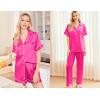 Ekouaer Silk Pajamas for Women Set Satin Pjs Soft Short Sleeve Button Down Sleepwear 3 Piece Loungewear S-XXL(Rose Red)