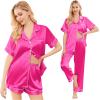 Ekouaer Silk Pajamas for Women Set Satin Pjs Soft Short Sleeve Button Down Sleepwear 3 Piece Loungewear S-XXL(Rose Red)