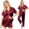 Ekouaer Silk Pajamas for Women Set Satin Pjs Soft Short Sleeve Button Down Sleepwear 3 Piece Loungewear S-XXL(Wine Red)