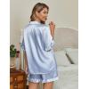 Ekouaer Silk Satin Pajamas for Women Print 2 Piece Button Down Pjs Shorts Set Ruffle Sleepwear(Blue Gray Stripes)
