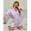 Ekouaer Silk Satin Pajamas for Women Print 2 Piece Button Down Pjs Shorts Set Ruffle Sleepwear(Purple White Stripes)